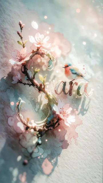 Sara diseño 11 - Un delicado diseño de estilo acuarela digital que combina una tipografía de caligrafía personalizada para el nombre en tonos dorados y rosados suaves, adornada con pequeñas hojas y brotes. Un pajarito azul y naranja vibrante está posado en una de las letras. Todo está rodeado por un marco circular de ramas de cerezo en flor con delicadas flores rosadas y blancas. El fondo es un lavado de acuarela difuminado en tonos pastel suaves de azul cerceta, rosa rubor y melocotón sobre una textura de papel rugoso, con destellos luminosos y motas de luz bokeh flotando alrededor, creando una atmósfera mágica y soñadora. Las sombras suaves proyectadas añaden profundidad.