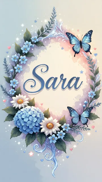 Sara diseño 4 - Composición magica con nombre en letra cursiva azul, rodeado de hortensias azules, margaritas blancas y delicadas flores silvestres, enmarcado por suaves remolinos de agua, mariposas azules y destellos estelares sobre un fondo etéreo y romántico.