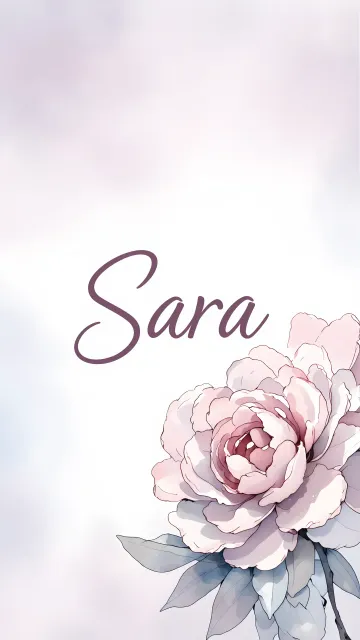 Sara diseño 5 - Nombre en elegante tipografía cursiva caligráfica en tono lavanda, sobre fondo acuarela de cielo nublado en tonos pastel (azul, blanco, lavanda), decorado con rosa en acuarela de pétalos rosa pálido, blanco crema y lilas suaves con hojas en gris-verde.