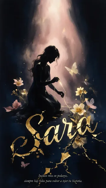 Sara diseño 6 - Composición de ilustración semirrealista cinematográfica con silueta femenina tejiendo un hilo dorado de luz sobre un suelo oscuro fracturado al estilo Kintsugi, donde el nombre resalta en un prominente guión caligráfico dorado que emerge de las grietas, rodeado de flores blancas, mariposas y un fondo degradado de azules profundos iluminado por una luz celestial en tonos melocotón y crema, con una frase de aliento en tipografía blanca en la parte inferior.