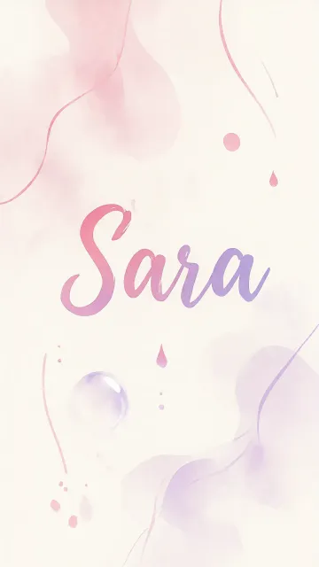 Sara diseño 7 - Diseño abstracto en acuarela sobre fondo crema, con manchas fluidas y etéreas en rosa pastel y lila, líneas curvas que aportan movimiento, pequeñas gotas salpicadas cayendo verticalmente y una burbuja translúcida en la parte superior izquierda. El nombre resalta al centro con una tipografía cursiva amplia y elegante en degradado rosa a morado.