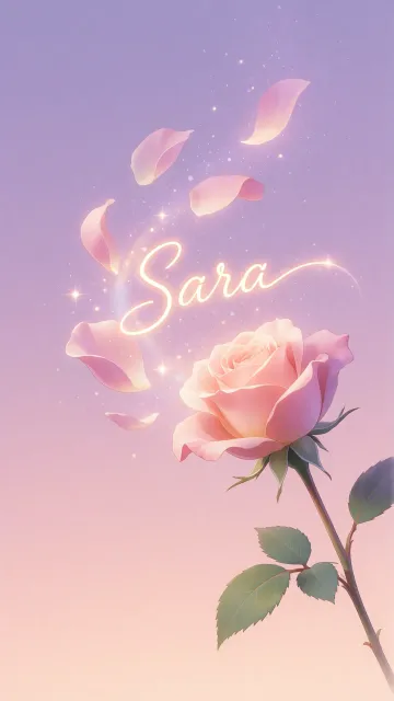 Sara diseño 8 - Fondo de Pantalla con degradado suave que transiciona de lila en la parte superior a melocotón y rosa pastel en la base, destacando una rosa rosada hiperrealista con tallo y hojas verdes. El nombre brilla en tipografía cursiva con efecto neón cálido, adornado con pétalos cayendo y chispas de luz mágica.