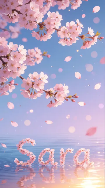 Sara diseño 9 - Composición serena y onírica con ramas de cerezo en flor (sakura) en la parte superior contra un cielo en degradado de azul suave y lila. Pétalos de color rosa pastel flotan delicadamente en el aire cayendo hacia una superficie de agua tranquila y cristalina. En el centro inferior, el nombre está formado por pétalos de flores con un sutil efecto de relieve 3D y tipografía floral, reflejándose sobre el agua que está iluminada por un cálido destello dorado de luz solar en la esquina inferior derecha.