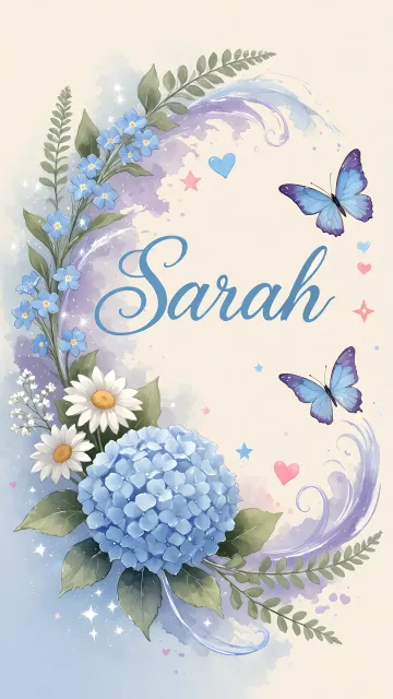 Sarah diseño 1 - Hortensias azules, flores pequeñas y acuarela suave con mariposas azules y brillo etéreo
