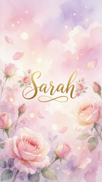 Sarah diseño 10 - Diseño estilo acuarela con un fondo etéreo y texturizado en nubes de tonos rosa pastel y lila suave. Presenta composiciones de rosas abiertas y capullos en los bordes inferior y superior, con pétalos cayendo delicadamente. Incorpora destellos de luz cálida (efecto bokeh) y, en el centro, resalta una tipografía elegante, cursiva y fluida en color dorado.