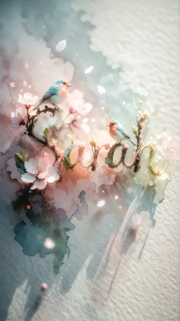 Sarah diseño 11 - Un delicado diseño de estilo acuarela digital que combina una tipografía de caligrafía personalizada para el nombre en tonos dorados y rosados suaves, adornada con pequeñas hojas y brotes. Un pajarito azul y naranja vibrante está posado en una de las letras. Todo está rodeado por un marco circular de ramas de cerezo en flor con delicadas flores rosadas y blancas. El fondo es un lavado de acuarela difuminado en tonos pastel suaves de azul cerceta, rosa rubor y melocotón sobre una textura de papel rugoso, con destellos luminosos y motas de luz bokeh flotando alrededor, creando una atmósfera mágica y soñadora. Las sombras suaves proyectadas añaden profundidad.