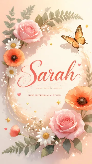 Sarah diseño 3 - Elegante composición de rosas rosadas y amapolas naranjas con mariposas doradas brillantes sobre un fondo cálido, romántico y mágico.