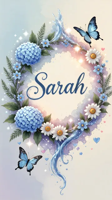 Sarah diseño 4 - Composición magica con nombre en letra cursiva azul, rodeado de hortensias azules, margaritas blancas y delicadas flores silvestres, enmarcado por suaves remolinos de agua, mariposas azules y destellos estelares sobre un fondo etéreo y romántico.