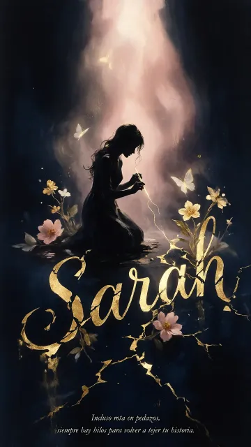 Sarah diseño 6 - Composición de ilustración semirrealista cinematográfica con silueta femenina tejiendo un hilo dorado de luz sobre un suelo oscuro fracturado al estilo Kintsugi, donde el nombre resalta en un prominente guión caligráfico dorado que emerge de las grietas, rodeado de flores blancas, mariposas y un fondo degradado de azules profundos iluminado por una luz celestial en tonos melocotón y crema, con una frase de aliento en tipografía blanca en la parte inferior.