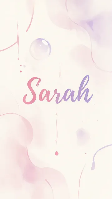 Sarah diseño 7 - Diseño abstracto en acuarela sobre fondo crema, con manchas fluidas y etéreas en rosa pastel y lila, líneas curvas que aportan movimiento, pequeñas gotas salpicadas cayendo verticalmente y una burbuja translúcida en la parte superior izquierda. El nombre resalta al centro con una tipografía cursiva amplia y elegante en degradado rosa a morado.