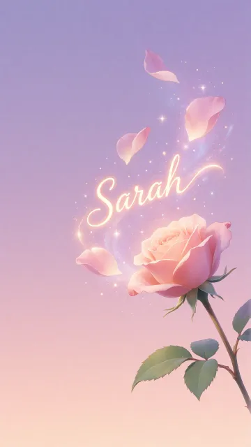 Sarah diseño 8 - Fondo de Pantalla con degradado suave que transiciona de lila en la parte superior a melocotón y rosa pastel en la base, destacando una rosa rosada hiperrealista con tallo y hojas verdes. El nombre brilla en tipografía cursiva con efecto neón cálido, adornado con pétalos cayendo y chispas de luz mágica.