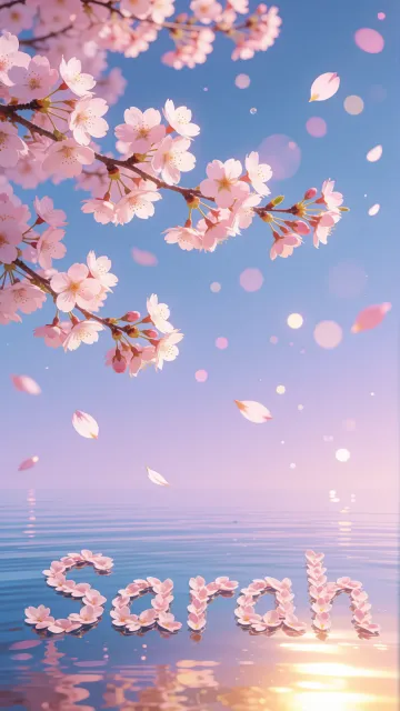 Sarah diseño 9 - Composición serena y onírica con ramas de cerezo en flor (sakura) en la parte superior contra un cielo en degradado de azul suave y lila. Pétalos de color rosa pastel flotan delicadamente en el aire cayendo hacia una superficie de agua tranquila y cristalina. En el centro inferior, el nombre está formado por pétalos de flores con un sutil efecto de relieve 3D y tipografía floral, reflejándose sobre el agua que está iluminada por un cálido destello dorado de luz solar en la esquina inferior derecha.