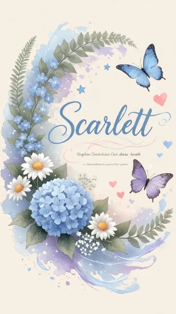 Scarlett diseño 1 - Hortensias azules, flores pequeñas y acuarela suave con mariposas azules y brillo etéreo