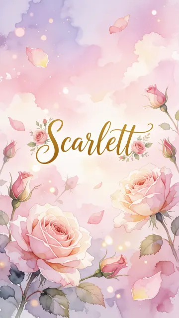 Scarlett diseño 10 - Diseño estilo acuarela con un fondo etéreo y texturizado en nubes de tonos rosa pastel y lila suave. Presenta composiciones de rosas abiertas y capullos en los bordes inferior y superior, con pétalos cayendo delicadamente. Incorpora destellos de luz cálida (efecto bokeh) y, en el centro, resalta una tipografía elegante, cursiva y fluida en color dorado.