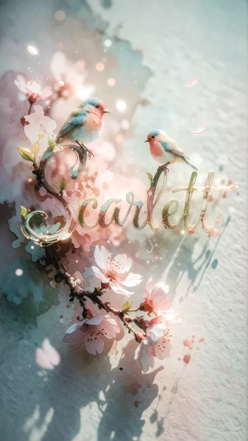 Scarlett diseño 11 - Un delicado diseño de estilo acuarela digital que combina una tipografía de caligrafía personalizada para el nombre en tonos dorados y rosados suaves, adornada con pequeñas hojas y brotes. Un pajarito azul y naranja vibrante está posado en una de las letras. Todo está rodeado por un marco circular de ramas de cerezo en flor con delicadas flores rosadas y blancas. El fondo es un lavado de acuarela difuminado en tonos pastel suaves de azul cerceta, rosa rubor y melocotón sobre una textura de papel rugoso, con destellos luminosos y motas de luz bokeh flotando alrededor, creando una atmósfera mágica y soñadora. Las sombras suaves proyectadas añaden profundidad.