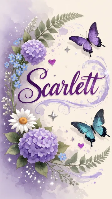Scarlett diseño 2 - Diseño elegante de hortensias en tonos lila y morados suaves, con volutas estilizadas y una mariposa mística que aporta un toque etéreo y mágico.