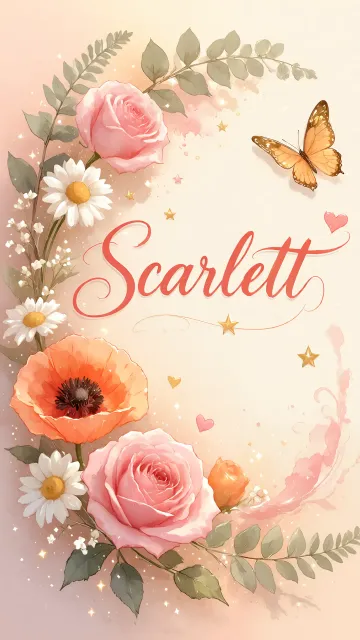 Scarlett diseño 3 - Elegante composición de rosas rosadas y amapolas naranjas con mariposas doradas brillantes sobre un fondo cálido, romántico y mágico.