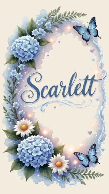 Scarlett diseño 4 - Composición magica con nombre en letra cursiva azul, rodeado de hortensias azules, margaritas blancas y delicadas flores silvestres, enmarcado por suaves remolinos de agua, mariposas azules y destellos estelares sobre un fondo etéreo y romántico.