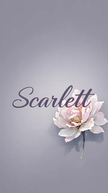 Scarlett diseño 5 - Nombre en elegante tipografía cursiva caligráfica en tono lavanda, sobre fondo acuarela de cielo nublado en tonos pastel (azul, blanco, lavanda), decorado con rosa en acuarela de pétalos rosa pálido, blanco crema y lilas suaves con hojas en gris-verde.
