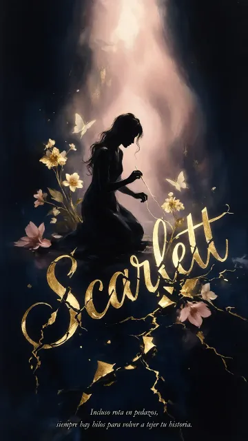 Scarlett diseño 6 - Composición de ilustración semirrealista cinematográfica con silueta femenina tejiendo un hilo dorado de luz sobre un suelo oscuro fracturado al estilo Kintsugi, donde el nombre resalta en un prominente guión caligráfico dorado que emerge de las grietas, rodeado de flores blancas, mariposas y un fondo degradado de azules profundos iluminado por una luz celestial en tonos melocotón y crema, con una frase de aliento en tipografía blanca en la parte inferior.