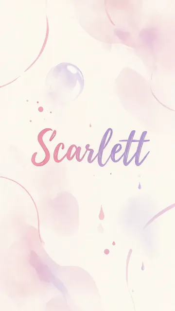 Scarlett diseño 7 - Diseño abstracto en acuarela sobre fondo crema, con manchas fluidas y etéreas en rosa pastel y lila, líneas curvas que aportan movimiento, pequeñas gotas salpicadas cayendo verticalmente y una burbuja translúcida en la parte superior izquierda. El nombre resalta al centro con una tipografía cursiva amplia y elegante en degradado rosa a morado.