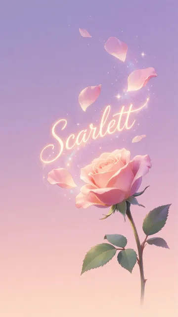 Scarlett diseño 8 - Fondo de Pantalla con degradado suave que transiciona de lila en la parte superior a melocotón y rosa pastel en la base, destacando una rosa rosada hiperrealista con tallo y hojas verdes. El nombre brilla en tipografía cursiva con efecto neón cálido, adornado con pétalos cayendo y chispas de luz mágica.