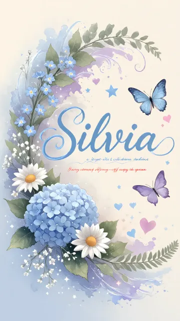 Silvia diseño 1 - Hortensias azules, flores pequeñas y acuarela suave con mariposas azules y brillo etéreo