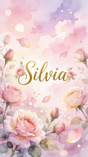 Silvia diseño 10 - Diseño estilo acuarela con un fondo etéreo y texturizado en nubes de tonos rosa pastel y lila suave. Presenta composiciones de rosas abiertas y capullos en los bordes inferior y superior, con pétalos cayendo delicadamente. Incorpora destellos de luz cálida (efecto bokeh) y, en el centro, resalta una tipografía elegante, cursiva y fluida en color dorado.