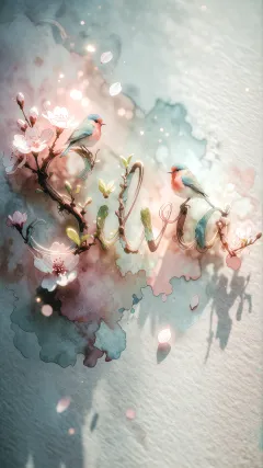 Silvia - Un delicado diseño de estilo acuarela digital que combina una tipografía de caligrafía personalizada para el nombre en tonos dorados y rosados suaves, adornada con pequeñas hojas y brotes. Un pajarito azul y naranja vibrante está posado en una de las letras. Todo está rodeado por un marco circular de ramas de cerezo en flor con delicadas flores rosadas y blancas. El fondo es un lavado de acuarela difuminado en tonos pastel suaves de azul cerceta, rosa rubor y melocotón sobre una textura de papel rugoso, con destellos luminosos y motas de luz bokeh flotando alrededor, creando una atmósfera mágica y soñadora. Las sombras suaves proyectadas añaden profundidad.