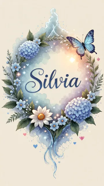 Silvia diseño 4 - Composición magica con nombre en letra cursiva azul, rodeado de hortensias azules, margaritas blancas y delicadas flores silvestres, enmarcado por suaves remolinos de agua, mariposas azules y destellos estelares sobre un fondo etéreo y romántico.