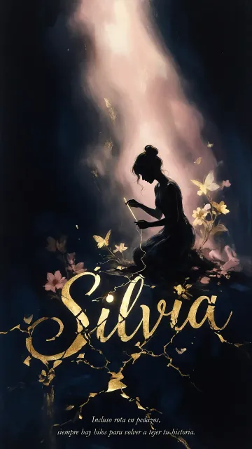 Silvia diseño 6 - Composición de ilustración semirrealista cinematográfica con silueta femenina tejiendo un hilo dorado de luz sobre un suelo oscuro fracturado al estilo Kintsugi, donde el nombre resalta en un prominente guión caligráfico dorado que emerge de las grietas, rodeado de flores blancas, mariposas y un fondo degradado de azules profundos iluminado por una luz celestial en tonos melocotón y crema, con una frase de aliento en tipografía blanca en la parte inferior.