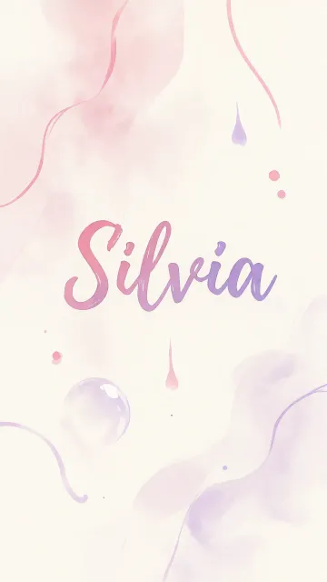 Silvia diseño 7 - Diseño abstracto en acuarela sobre fondo crema, con manchas fluidas y etéreas en rosa pastel y lila, líneas curvas que aportan movimiento, pequeñas gotas salpicadas cayendo verticalmente y una burbuja translúcida en la parte superior izquierda. El nombre resalta al centro con una tipografía cursiva amplia y elegante en degradado rosa a morado.