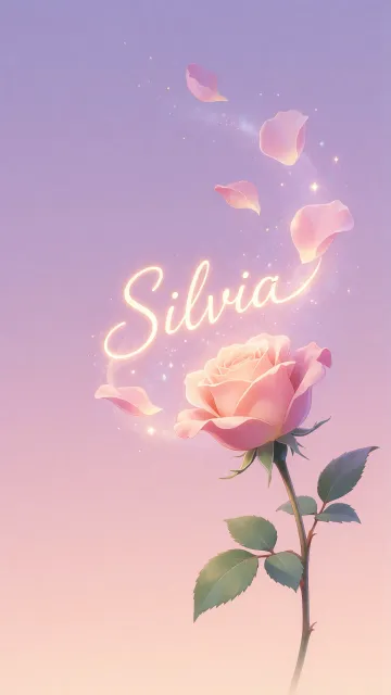 Silvia diseño 8 - Fondo de Pantalla con degradado suave que transiciona de lila en la parte superior a melocotón y rosa pastel en la base, destacando una rosa rosada hiperrealista con tallo y hojas verdes. El nombre brilla en tipografía cursiva con efecto neón cálido, adornado con pétalos cayendo y chispas de luz mágica.