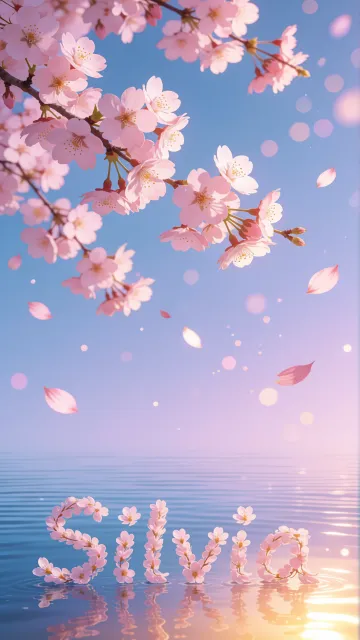Silvia diseño 9 - Composición serena y onírica con ramas de cerezo en flor (sakura) en la parte superior contra un cielo en degradado de azul suave y lila. Pétalos de color rosa pastel flotan delicadamente en el aire cayendo hacia una superficie de agua tranquila y cristalina. En el centro inferior, el nombre está formado por pétalos de flores con un sutil efecto de relieve 3D y tipografía floral, reflejándose sobre el agua que está iluminada por un cálido destello dorado de luz solar en la esquina inferior derecha.