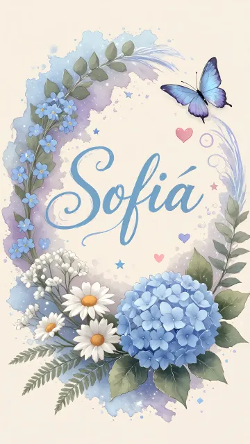 Sofia diseño 1 - Hortensias azules, flores pequeñas y acuarela suave con mariposas azules y brillo etéreo