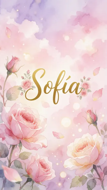 Sofia diseño 10 - Diseño estilo acuarela con un fondo etéreo y texturizado en nubes de tonos rosa pastel y lila suave. Presenta composiciones de rosas abiertas y capullos en los bordes inferior y superior, con pétalos cayendo delicadamente. Incorpora destellos de luz cálida (efecto bokeh) y, en el centro, resalta una tipografía elegante, cursiva y fluida en color dorado.