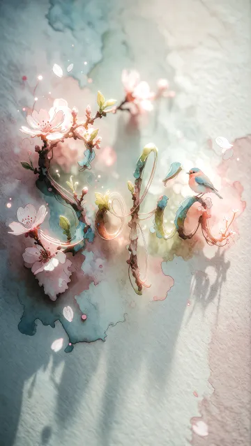 Sofia diseño 11 - Un delicado diseño de estilo acuarela digital que combina una tipografía de caligrafía personalizada para el nombre en tonos dorados y rosados suaves, adornada con pequeñas hojas y brotes. Un pajarito azul y naranja vibrante está posado en una de las letras. Todo está rodeado por un marco circular de ramas de cerezo en flor con delicadas flores rosadas y blancas. El fondo es un lavado de acuarela difuminado en tonos pastel suaves de azul cerceta, rosa rubor y melocotón sobre una textura de papel rugoso, con destellos luminosos y motas de luz bokeh flotando alrededor, creando una atmósfera mágica y soñadora. Las sombras suaves proyectadas añaden profundidad.