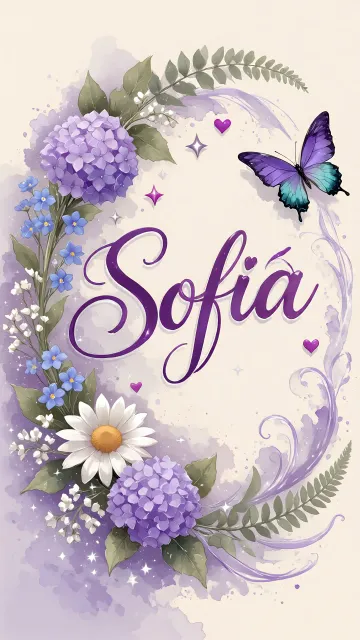 Sofia diseño 2 - Diseño elegante de hortensias en tonos lila y morados suaves, con volutas estilizadas y una mariposa mística que aporta un toque etéreo y mágico.