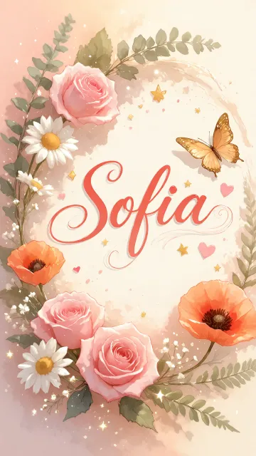 Sofia diseño 3 - Elegante composición de rosas rosadas y amapolas naranjas con mariposas doradas brillantes sobre un fondo cálido, romántico y mágico.