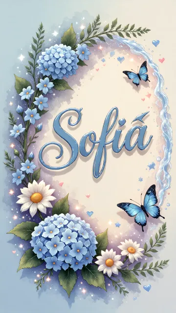 Sofia diseño 4 - Composición magica con nombre en letra cursiva azul, rodeado de hortensias azules, margaritas blancas y delicadas flores silvestres, enmarcado por suaves remolinos de agua, mariposas azules y destellos estelares sobre un fondo etéreo y romántico.