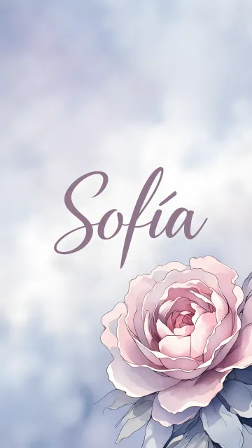 Sofia diseño 5 - Nombre en elegante tipografía cursiva caligráfica en tono lavanda, sobre fondo acuarela de cielo nublado en tonos pastel (azul, blanco, lavanda), decorado con rosa en acuarela de pétalos rosa pálido, blanco crema y lilas suaves con hojas en gris-verde.