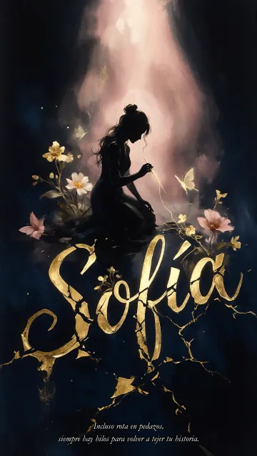 Sofia diseño 6 - Composición de ilustración semirrealista cinematográfica con silueta femenina tejiendo un hilo dorado de luz sobre un suelo oscuro fracturado al estilo Kintsugi, donde el nombre resalta en un prominente guión caligráfico dorado que emerge de las grietas, rodeado de flores blancas, mariposas y un fondo degradado de azules profundos iluminado por una luz celestial en tonos melocotón y crema, con una frase de aliento en tipografía blanca en la parte inferior.