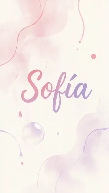 Sofia diseño 7 - Diseño abstracto en acuarela sobre fondo crema, con manchas fluidas y etéreas en rosa pastel y lila, líneas curvas que aportan movimiento, pequeñas gotas salpicadas cayendo verticalmente y una burbuja translúcida en la parte superior izquierda. El nombre resalta al centro con una tipografía cursiva amplia y elegante en degradado rosa a morado.