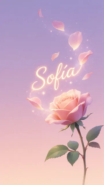 Sofia diseño 8 - Fondo de Pantalla con degradado suave que transiciona de lila en la parte superior a melocotón y rosa pastel en la base, destacando una rosa rosada hiperrealista con tallo y hojas verdes. El nombre brilla en tipografía cursiva con efecto neón cálido, adornado con pétalos cayendo y chispas de luz mágica.