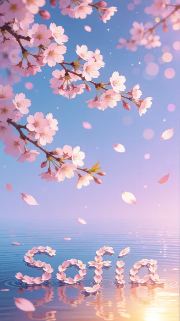 Sofia diseño 9 - Composición serena y onírica con ramas de cerezo en flor (sakura) en la parte superior contra un cielo en degradado de azul suave y lila. Pétalos de color rosa pastel flotan delicadamente en el aire cayendo hacia una superficie de agua tranquila y cristalina. En el centro inferior, el nombre está formado por pétalos de flores con un sutil efecto de relieve 3D y tipografía floral, reflejándose sobre el agua que está iluminada por un cálido destello dorado de luz solar en la esquina inferior derecha.