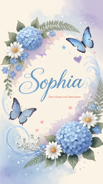 Sophia diseño 1 - Hortensias azules, flores pequeñas y acuarela suave con mariposas azules y brillo etéreo
