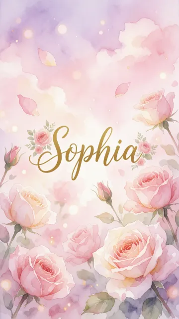 Sophia diseño 10 - Diseño estilo acuarela con un fondo etéreo y texturizado en nubes de tonos rosa pastel y lila suave. Presenta composiciones de rosas abiertas y capullos en los bordes inferior y superior, con pétalos cayendo delicadamente. Incorpora destellos de luz cálida (efecto bokeh) y, en el centro, resalta una tipografía elegante, cursiva y fluida en color dorado.