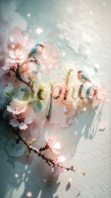Sophia diseño 11 - Un delicado diseño de estilo acuarela digital que combina una tipografía de caligrafía personalizada para el nombre en tonos dorados y rosados suaves, adornada con pequeñas hojas y brotes. Un pajarito azul y naranja vibrante está posado en una de las letras. Todo está rodeado por un marco circular de ramas de cerezo en flor con delicadas flores rosadas y blancas. El fondo es un lavado de acuarela difuminado en tonos pastel suaves de azul cerceta, rosa rubor y melocotón sobre una textura de papel rugoso, con destellos luminosos y motas de luz bokeh flotando alrededor, creando una atmósfera mágica y soñadora. Las sombras suaves proyectadas añaden profundidad.