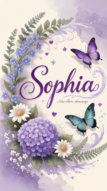 Sophia diseño 2 - Diseño elegante de hortensias en tonos lila y morados suaves, con volutas estilizadas y una mariposa mística que aporta un toque etéreo y mágico.