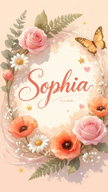 Sophia diseño 3 - Elegante composición de rosas rosadas y amapolas naranjas con mariposas doradas brillantes sobre un fondo cálido, romántico y mágico.